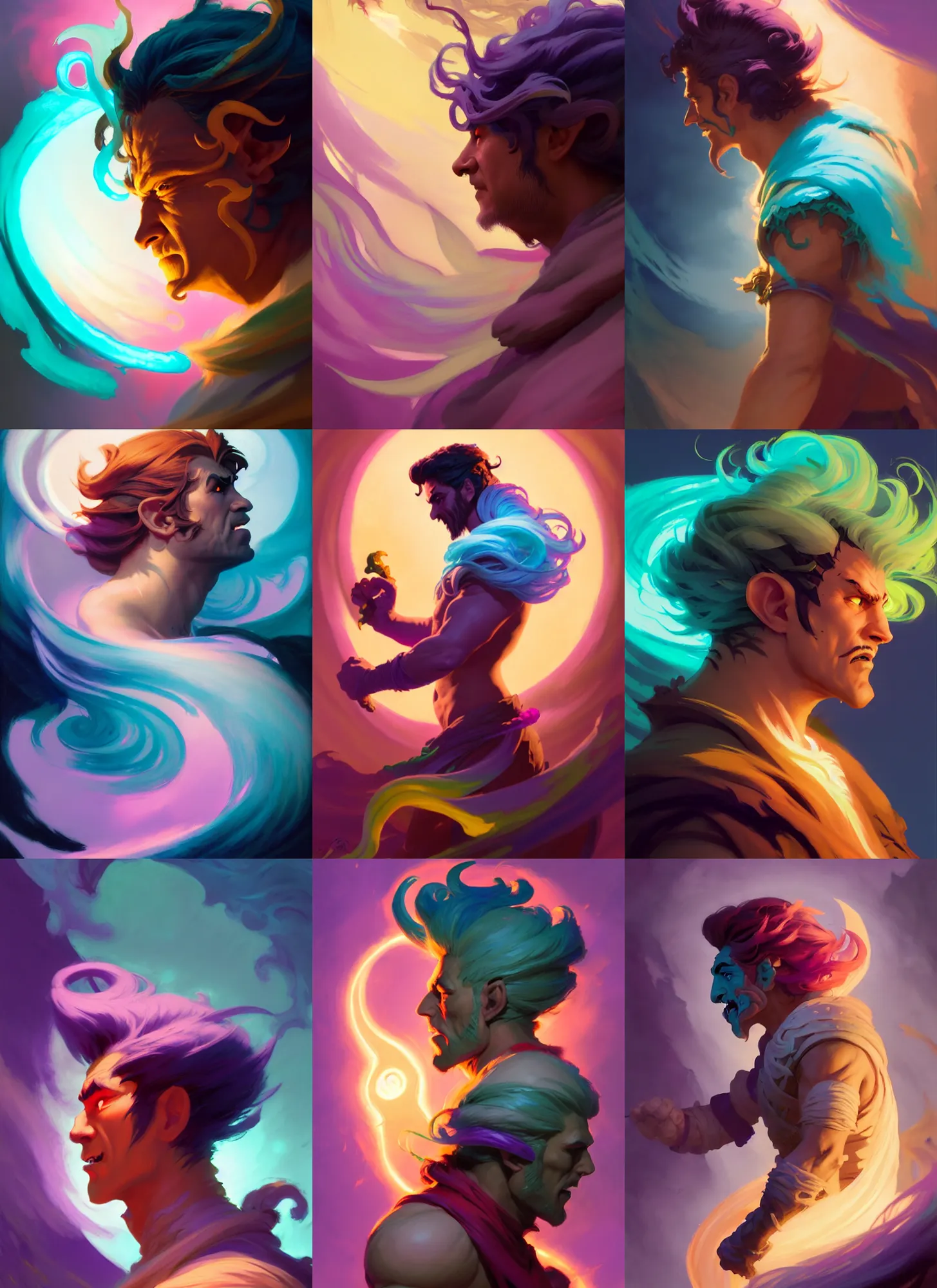 Prompt: side profile, male half - troll rogue, gloomhaven, luminescent, colorful swirly magic ripples, pastel colors, by greg manchess, huang guangjian, gil elvgren, sachin teng, greg rutkowski, jesper ejsing, ilya kuvshinov