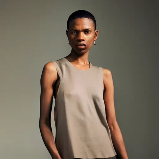 Image similar to realistic photoshooting for a new balenciaga lookbook color film photography portrait of a beautiful woman model wearing a taupe pelagia tank top, photo in style of tyler mitchell