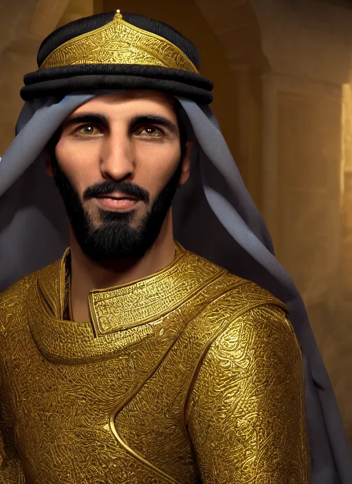Prompt: portrait of sheikh mohammad ruler of dubai, argonian, head and torso only, cinematic lighting, studio quality, smooth render, unreal engine 5 rendered, octane rendered, art style by klimt and nixeu and ian sprigger and wlop and krenz cushart.
