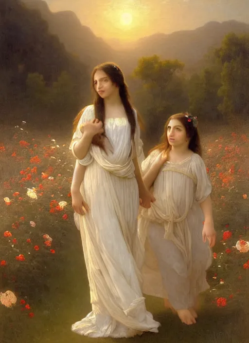 Image similar to oil painting portrait of a family one with long flowing hair in a white dress, dancing through a field of flowers at sunset with mountains in the background, hazy, chiaroscuro, artstation, cinematic, golden hour, digital art painting by diego velasquez, - adolphe bouguereau, hazy atmosphere, flowers, cinematic lighting