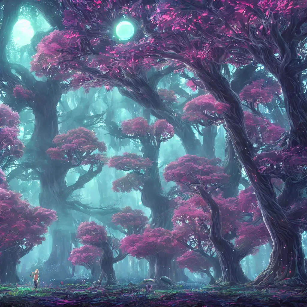 Prompt: huge trees, misty nighttime. radiating colorful energy. photorealistic, moody atmosphere, volumetric shading, holographic undertones, intricate and detailed, vivid dreamlike colors. ori and the blind forest, breath of the wild style, by miyazaki ghibli!!!. trending on artstation. award winning, daily deivation. pastel!! pink accents.