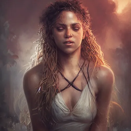 Image similar to portrait of Shakira, amazing splashscreen artwork, splash art, head slightly tilted, natural light, elegant, intricate, fantasy, atmospheric lighting, cinematic, matte painting, by Greg rutkowski