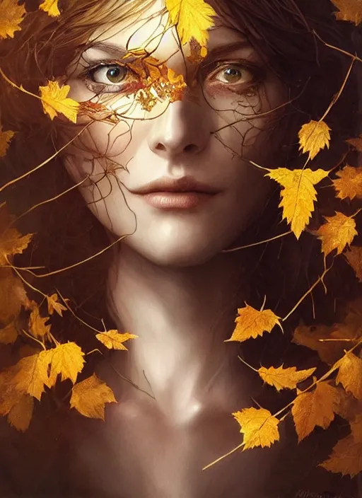 Prompt: golden leaves at frame border, creative!!! composition for a book cover, absurdly beautiful, ultrafine hyperrealistic detailed witch face by wlop and artgerm and greg rutkowski, intricate linework, sharp focus, smooth, octopath traveler, final fantasy, unreal engine, dramatic lighting, ethereal, 8 k