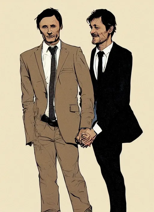 Prompt: portrait of Mads Mikkelsen and Hugh Dancy holding hands romantically as they chaperone school dance by Michael Whelan, Bob Larkin and Tomer Hanuka, simple illustration, domestic, nostalgic, clean, full of details, by Makoto Shinkai and thomas kinkade, Matte painting, trending on artstation and unreal engine, New Yorker magazine cover, 1980s romance book cover, 1990s horror book cover