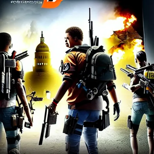 Prompt: the division 2 poster set in an apocalyptic los angeles, agent standing with a gun in the foreground, cinematic, 4 k