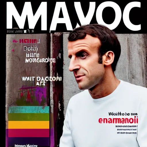 Image similar to colorful Cover of Emmanuel Macron magazine, white borders, 50mm photography, high quality, 4K