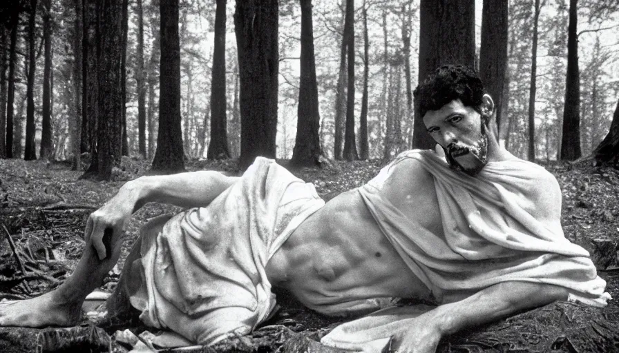 Prompt: 1 9 6 0 s movie still close up of a skinny emperor marcus aurelius with frozen face and a frozen toga, laying down on the danube's shore pine forests, cinestill 8 0 0 t 3 5 mm b & w, high quality, heavy grain, high detail, cinematic composition, dramatic light, anamorphic, hyperrealistic, foggy