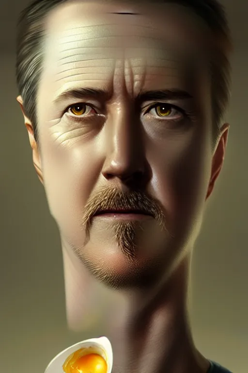 Image similar to edward norton face inside a boiled egg shell, hyper detailed, digital art, trending in artstation, cinematic lighting, studio quality, smooth render, art by greg rutkowski and artgerm