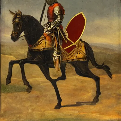 Prompt: a painting of a knight coming back from battle victorious