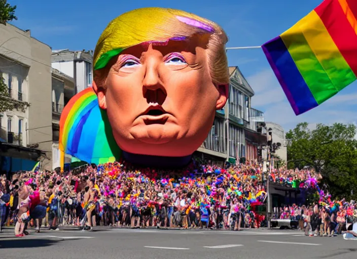 Image similar to pride parade float in the shape of donald trump's head, photorealistic, canon 5 d, sharp, sunlight, reflection, inflatable, rainbow