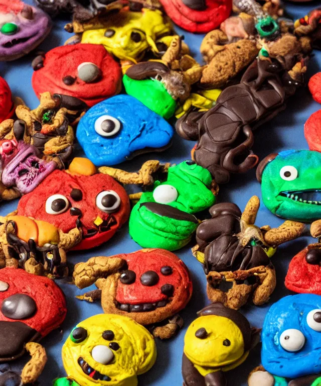 Prompt: high quality presentation photo of colorful anthropomorphic horror alien monster insects eating cookies, photography 4k f1.8 anamorphic bokeh 4k Canon Nikon