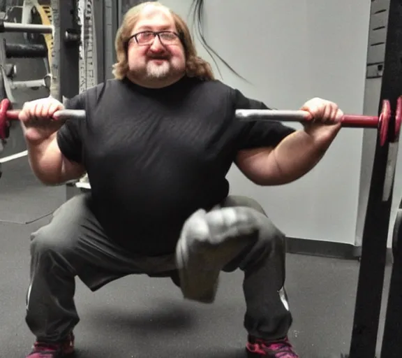 Prompt: gabe newell doing squats, award winning photograph