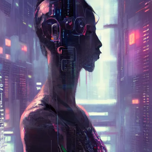 Prompt: highly detailed portrait of a cyberpunk hacker in a futuristic buddhist temple by wadim kashin, dark colors, high contrast