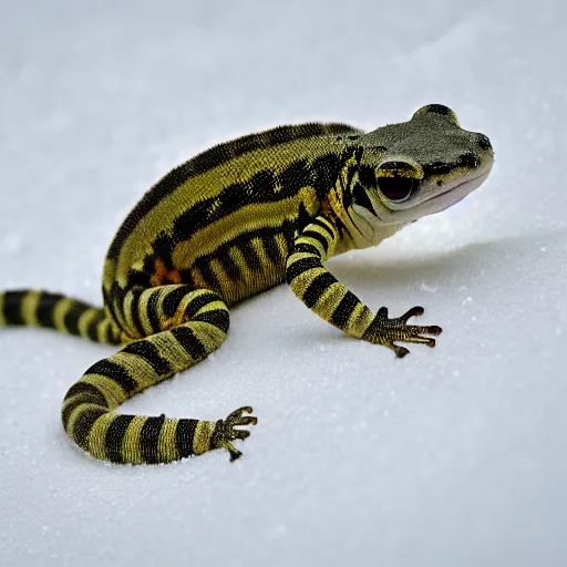 Prompt: striped gecko in the snow