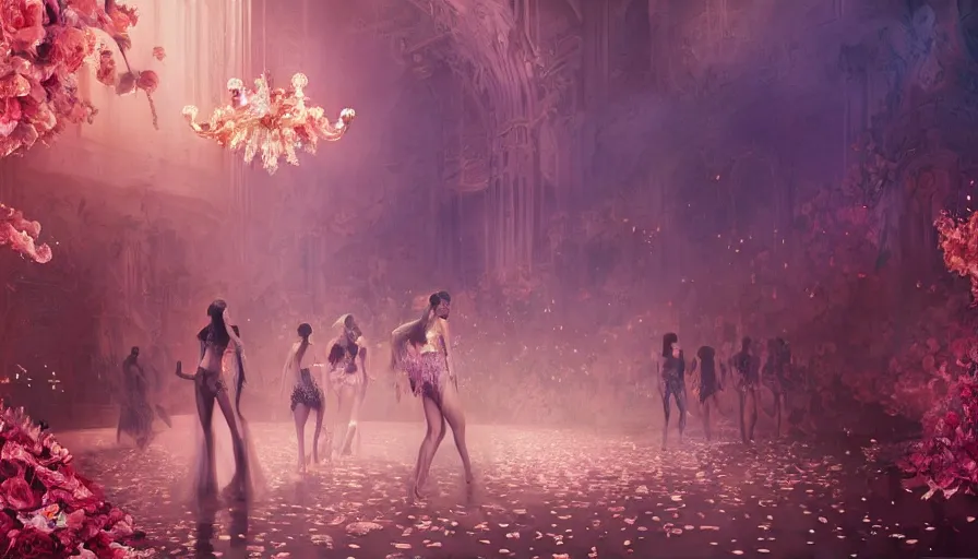 Image similar to victoria secret runway show, light, shadows, reflections, flowers, epic composition, intricate, elegant, volumetric lighting, digital painting, highly detailed, artstation, sharp focus, illustration, concept art, ruan jia, steve mccurry, greg rutkowski, mina petrovic, timothy kong, marina federovna, masterpiece, iconic