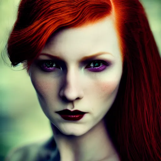 Image similar to majestic gracious regal aristocratic female red haired vampire portrait, aesthetically pleasing, atmospheric lighting, painted, seductive, menacing, intricate, volumetric lighting, beautiful, rich deep colours masterpiece, golden hour, golden ratio, sharp focus, ultra detailed, by leesha hannigan, ross tran, thierry doizon, kai carpenter, ignacio fernandez rios