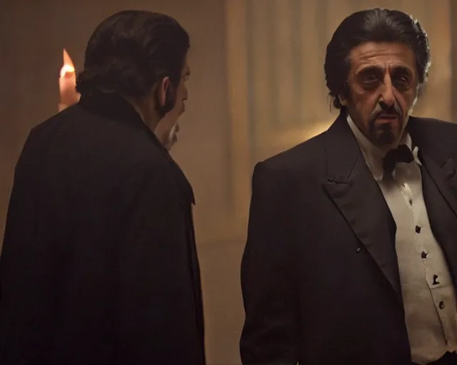 Prompt: mafioso ( al pacino ) casts a spell at some vampires ; scene from the modern hbo mini series / the outfit /, a supernatural mafia crime thriller about magical monster - hunting mafiosi in philadelphia, hd 8 k film photography, with modern supernatural horror aesthetic.