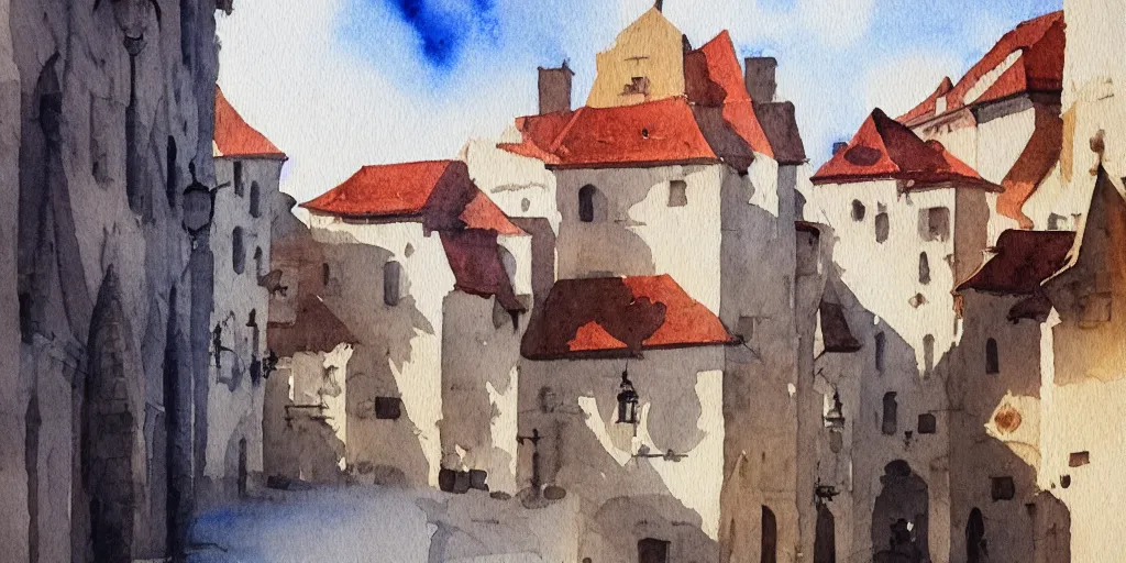 Prompt: medieval town, summer morning light, minimal masterpiece watercolor painting, trending on artstation