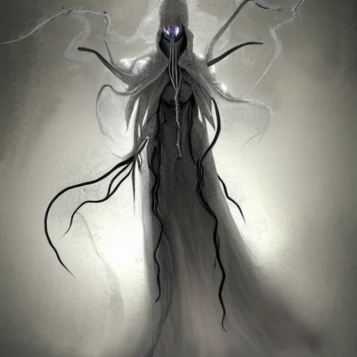 Image similar to concept designs for an ethereal ghostly wraith like figure with a squid like parasite latched onto its head and long tentacle arms that flow lazily but gracefully at its sides like a cloak while it floats around a frozen rocky tundra in the snow searching for lost souls and that hides amongst the shadows in the trees, this character has hydrokinesis and electrokinesis for the resident evil village video game franchise with inspiration from the franchise Bloodborne and the mind flayer from stranger things on netflix