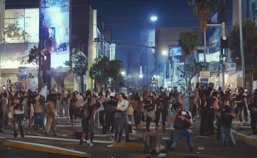 Image similar to crowd of crazy people with placards attacking cops in front of stores in los angeles with light screens all over the street, photorealism, art for the game, professional lighting, night lighting from streetlights, japanese chill photo, concept art