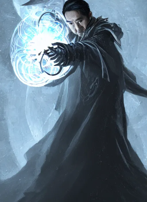 Prompt: a highly detailed illustration of Tony Leung Chiu-wai as wizard wearing ornate black robe and mage hat, dramatic wielding glowing orb pose, with guardian angle floating behind him, intricate, elegant, highly detailed, centered, digital painting, artstation, concept art, smooth, sharp focus, league of legends concept art, WLOP