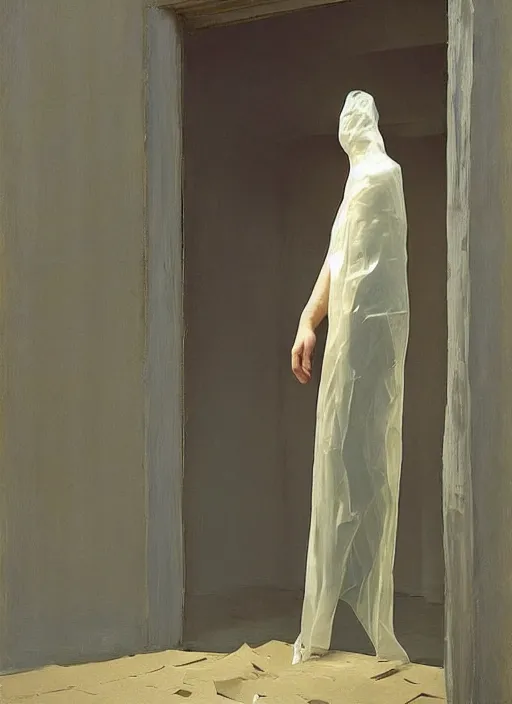 Prompt: man in a translucent dress made from plastic bag with paper bags for clothes standing inside paper bags with paper bag over the head at store display Edward Hopper and James Gilleard, Zdzislaw Beksinski, highly detailed