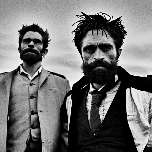 Prompt: Willem Dafoe with a beard and Robert Pattinson with a moustache in The Lighthouse (2019), high contrast, black and white cinematography