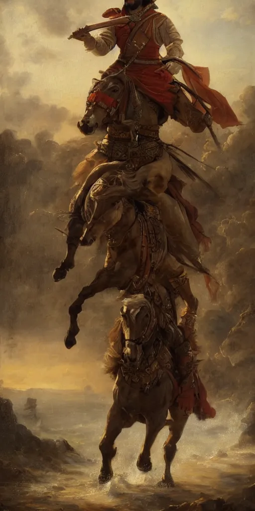 Image similar to Highly detailed and cinematic romantic period oil painting of an Arabian soldier riding a rearing horse, strong atmosphere, oil painting masterpiece by Josep Tapiró Baró, RPG portrait, dynamic lighting, 8K