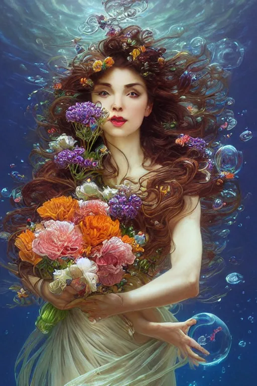 Image similar to portrait of a beautiful mysterious woman holding a bouquet of flowing flowers, hair flowing upwards, small bubbles from her mouth, hands hidden under the bouquet, submerged underwater filled with colorful small fish and coral reef, fantasy, regal, intricate, by stanley artgerm lau, greg rutkowski, thomas kindkade, alphonse mucha, loish, norman rockwell