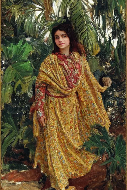 Prompt: a bakhtiari girl with golden detailed scarf set on a detailed persian carpet, tree palms in background, painting by john singer sargent