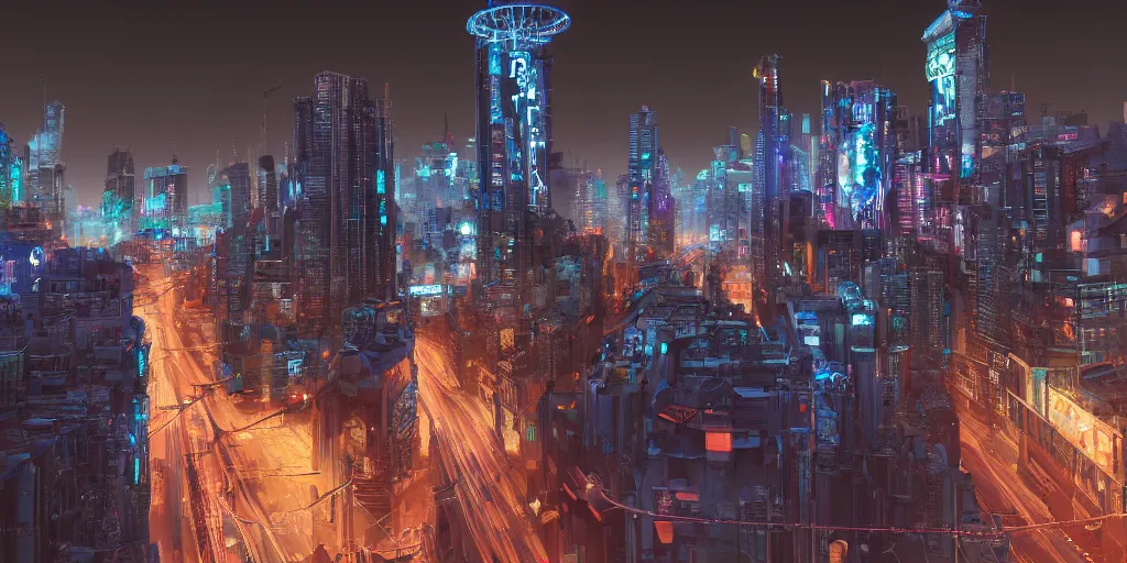 Image similar to A city landscape at night, neon ligths, hyperrealistic, V-Ray 8k UHD, trending on artstation, Futurism, Art Nouveau, blue sky