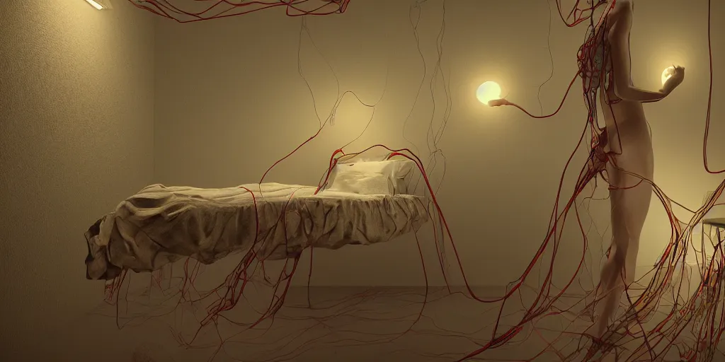 Image similar to rgb, glowing, extreme rage, maximalist bedroom, woman, cinematic, movie scene, inspired by zdzislaw beksinski, clothes made out of veins,, cables everywhere, bedroom, ultra realistic, concept art, intricate details, highly detailed, photorealistic, octane render, 8 k