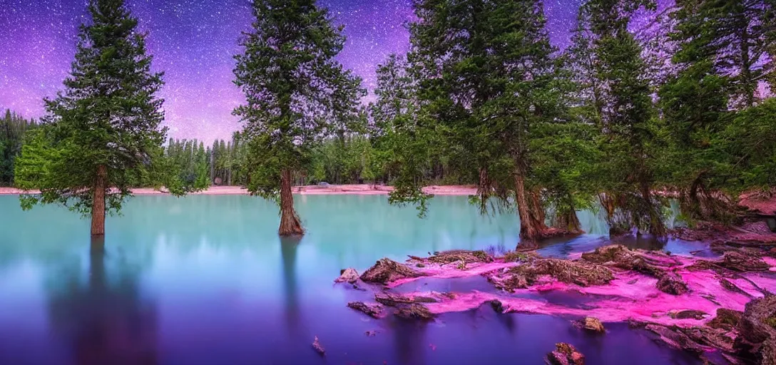 Prompt: a lake with pink flowing water under the stars surrounded by luscious trees