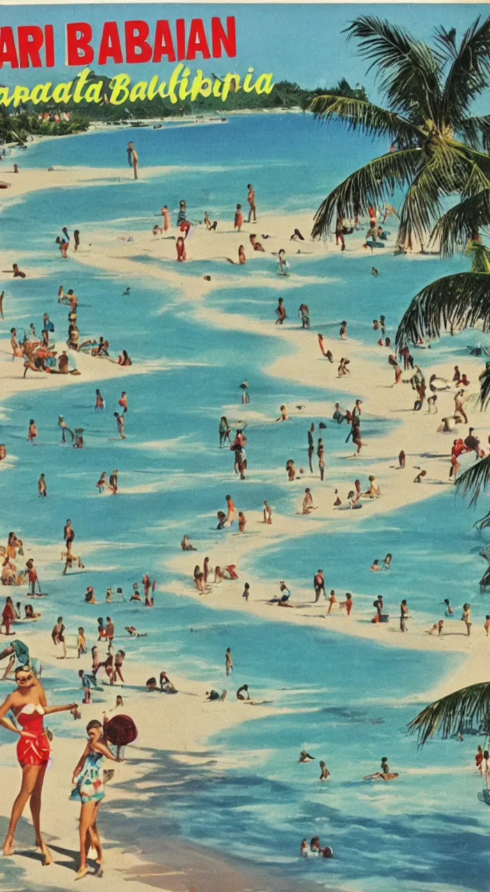 Image similar to a 1950s vacation pamphlet about a Caribbean beach,