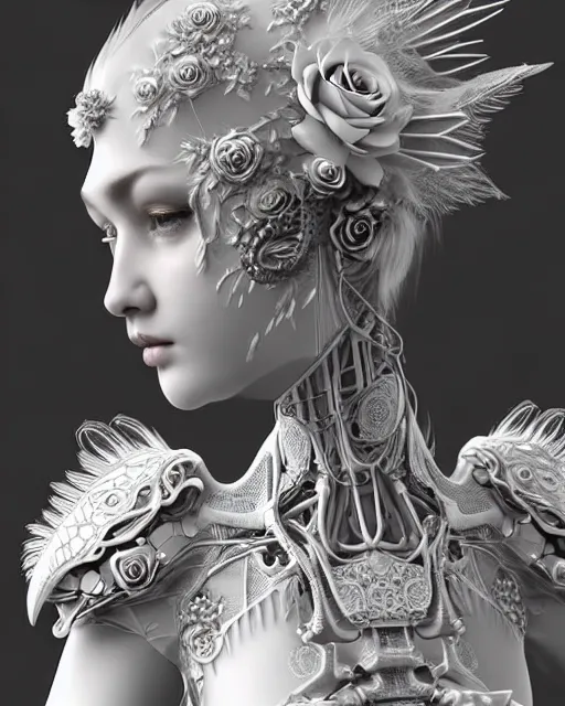 Image similar to bw dreamy close - up profile face, beautiful young porcelain intricate steampunk bio - mechanical vegetal - dragon - cyborg - female, white roses ornate metallic armour, white fluffy feathers, fine mandelbrot fractal lace, 1 5 0 mm, soft rim light, elegant, hyper real, ultra detailed, octane render, hg giger, 1 6 k