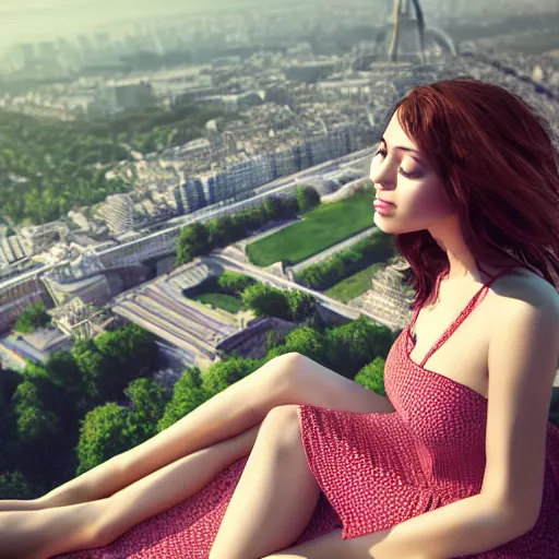 Image similar to A young beautiful giantess wearing a sundress sitting on the Eifel tower,detailed body and face, beautiful lighting,digital art , highly detailed , high contrast, beautiful lighting, award winning , trending on art station, 8k, photorealistic,unreal engine 5