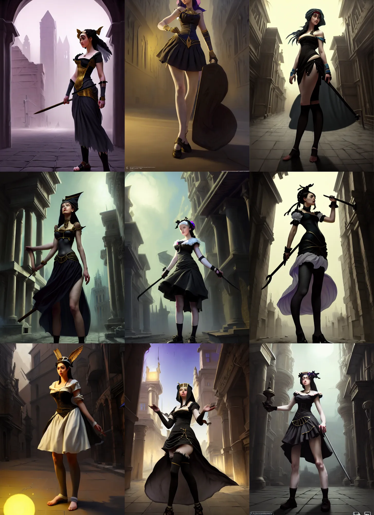 Prompt: artist reference pictures pose ,sophisticated composition, old masters light composition, procedurally generated, epic maid girl character posing for concept art, gothic city streets behind her, costume design from ancient egyptian designers, substance designer, PBR, HD, Ultra detailed, hyperrealistic, megascans, volumetric light, concept by master artist, made in paint tool SAI2, trending pixiv face