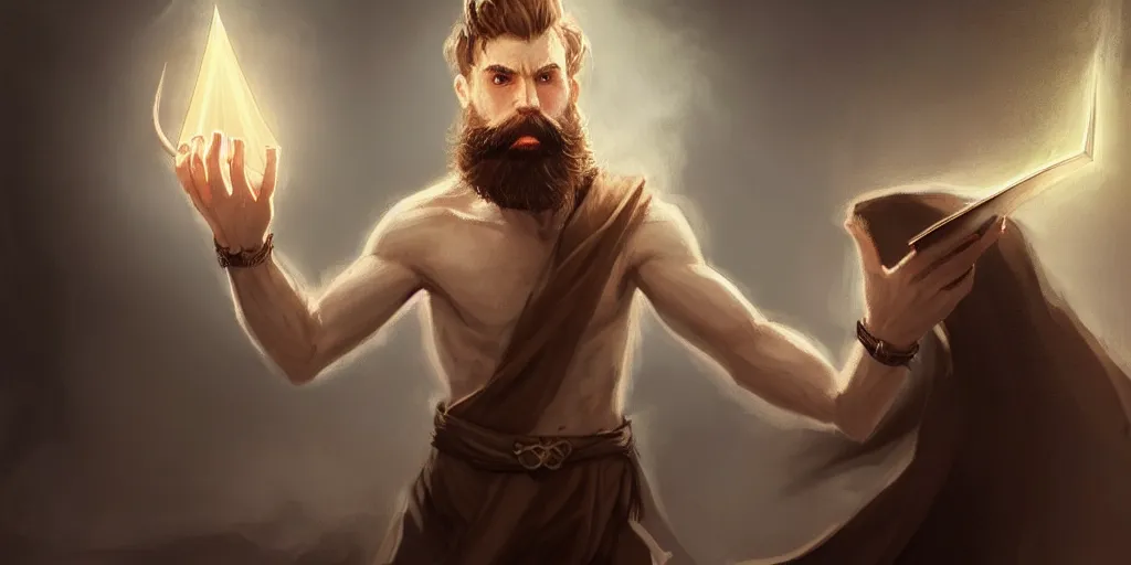 Prompt: a handsome bearded white male sorcerer in his study books every where, he is casting a spells coming from his hands. brown hair, epic composition, hands hidden, waist up, trending on artstation, concept art,