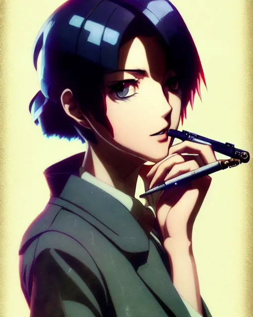 Prompt: portrait Anime 1940s Detective smoking Sharp fine face, pretty face, realistic shaded Perfect face, fine details. Anime. cyberpunk realistic shaded lighting by katsuhiro otomo ghost-in-the-shell, magali villeneuve, artgerm, rutkowski Jeremy Lipkin and Giuseppe Dangelico Pino and Michael Garmash and Rob Rey