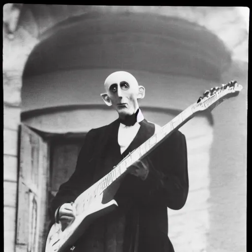 Image similar to vintage photograph of count orlok outside his castle, playing the blues on guitar, castle in the background, 4 k