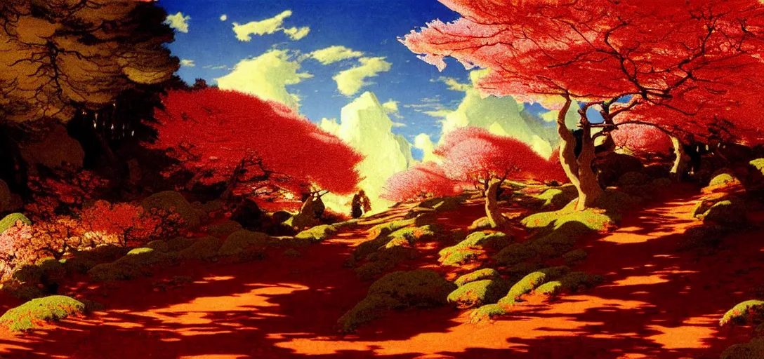 Image similar to ghibli illustrated luminism background of a trail leading through a strikingly beautiful landform with strange rock formations and blood red waterfall, fallen leaves blow in the wind and cherry blossoms by vasily polenov, eugene von guerard, ivan shishkin, albert edelfelt, john singer sargent, albert bierstadt 4 k