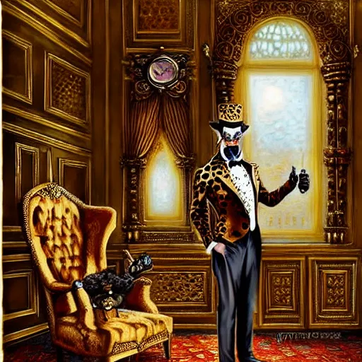 Prompt: A steampunk anthropomorphic cheetah wearing a suit in an opulent palace room by James Gurney. Highly detailed. Incredibly beautiful. Photorealistic.