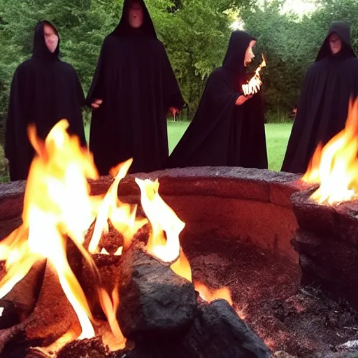 Image similar to a cult of black cloak wearing individuals summon a demonic kitten from the depths of a raging fire pit. Flames are emerging from fissures in the ground.