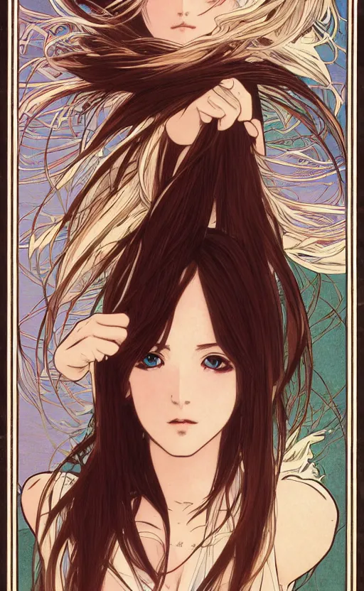 Image similar to girl, trading card front, anime style, long hair, hair down, symmetrical facial features, badminton, hyper realistic, pale skin, 4 k, rule of thirds, extreme detail, detailed drawing, trending artstation, hd, sport, d & d, realistic lighting, by alphonse mucha, greg rutkowski, sharp focus, backlit