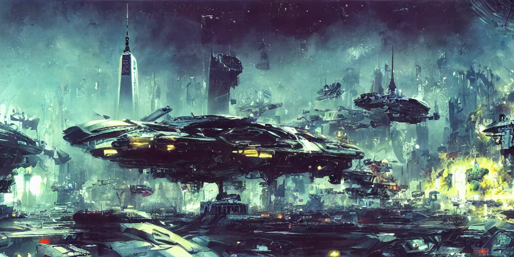 Image similar to hi - tech alien space ship crashed on dystopian earth, nyc 2 0 7 7, detailed, sharp focus, brush strokes, technicolor, by john berkey, craig mullins.