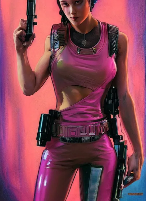 Image similar to beautiful cyberpunk female athlete in pink jumpsuit. lady firing a futuristic red automatic pistol with huge magazine. ad for pistol. cyberpunk poster by james gurney, azamat khairov, and alphonso mucha. artstationhq. gorgeous face. painting with vivid color, cell shading. ( rb 6 s, cyberpunk 2 0 7 7 )