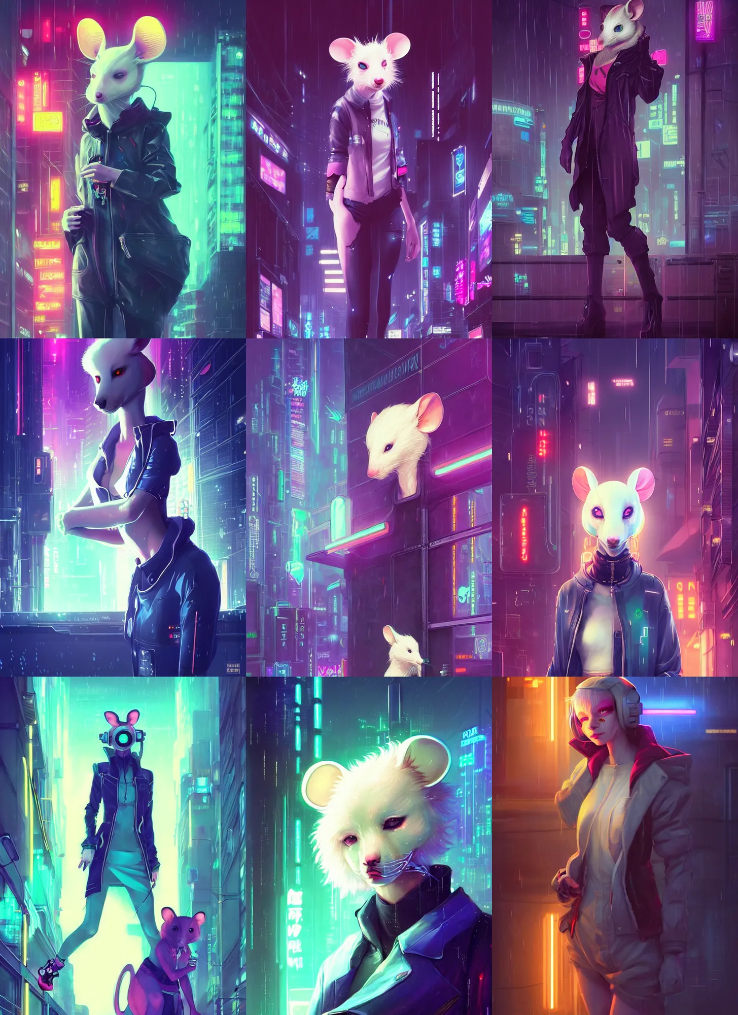 Prompt: beautiful portrait of a female anthropomorphic albino mouse fursona wearing cyberpunk clothes. cyberpunk city at night in the rain. neon light. atmospheric. character design by charlie bowater, ross tran, artgerm, and makoto shinkai, detailed, inked, western comic book art