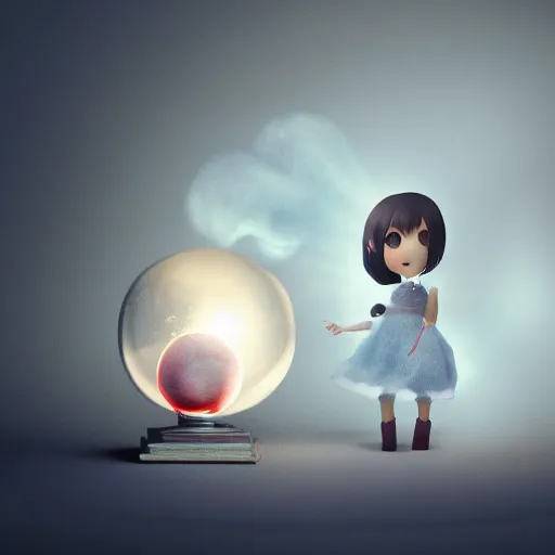 Prompt: cute fumo plush girl gazing into a crystal ball swirling with strange energy, smoke and volumetric fog, lens flare glow, chibi, vray