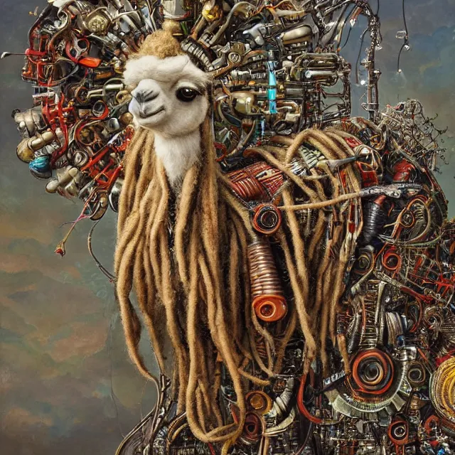 Image similar to llama with dreadlocks, industrial scifi, by mandy jurgens, ernst haeckel, el anatsui, james jean