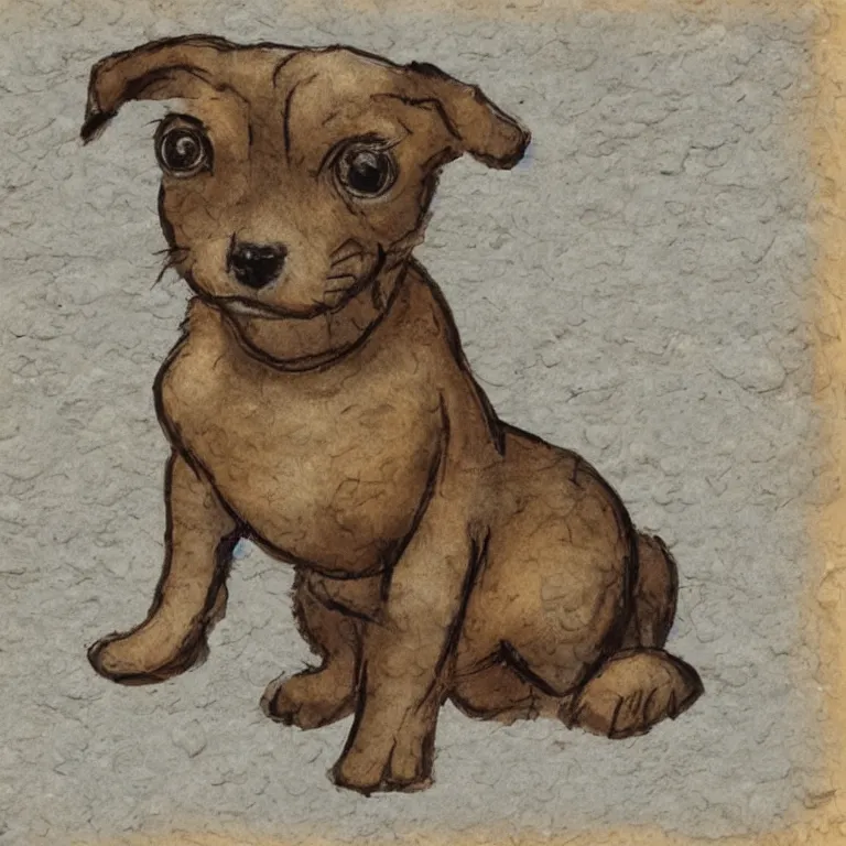 Image similar to a cute retro puppy. alcohol ink on parchment, muted colors, detailed, textured parchment background, 1 9 5 0 s concept art